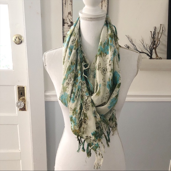 Blue Green Floral Fringe Square Scarf, 42” x 39” - Picture 4 of 8